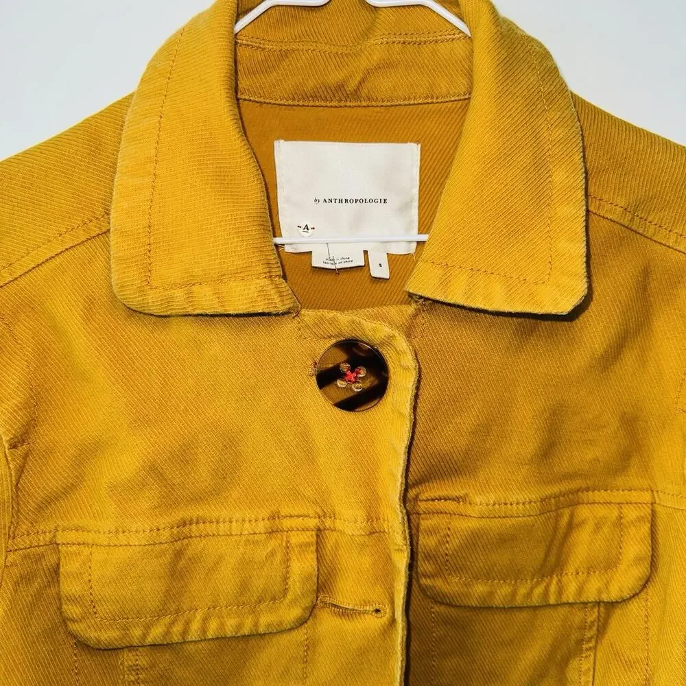 ANTHROPOLGIE Nora Flounce-Sleeved Trucker Short Jacket Small Mustard 3/4 Sleeve - Picture 6 of 11